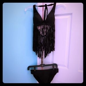Sexy black halter top fringe boho bikini